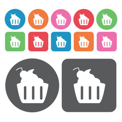 Muffin cake icons set. Round and rectangle colourful 12 buttons.