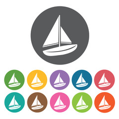 Sail boat icons set. Round colourful 12 buttons. Vector illustra