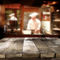 big old worn table and restaurant