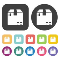 Fragile symbol on box icons set. Round and rectangle colourful 1