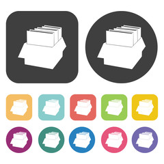 Books inside the box icons set. Round and rectangle colourful 12