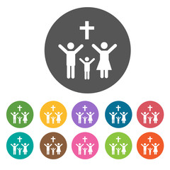 Holy family icons set. Round colourful 12 buttons. Vector illust
