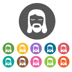 Jesus christ face icons set. Round colourful 12 buttons. Vector