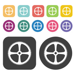 Bike cogs icon symbol set. Gear set. Round and rectangle colourf