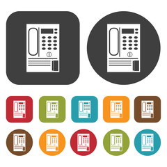 Coin phone icon symbol set. Telephone and home phone set. Round