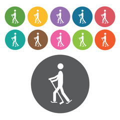 Walking skiing sign icon symbol set. Winter sport set. Round col