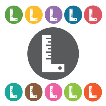 L ruler sign icon symbol set. Working tool set. Round colourful