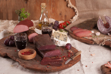 Selection of fresh meat on a wooden board