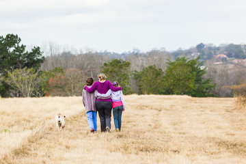 Girls Family Walking Outdoors Landscape