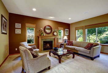 Living room with contrast walls and fireplace