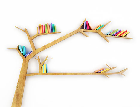 wooden branch shelf with colorful books isolated on white