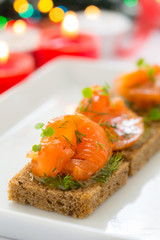 Delicious appetizer canapes of black bread with smoked salmon