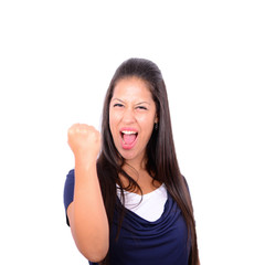 Excited happy success young woman with fists up isolated on whit