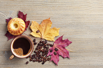 Naklejka na ściany i meble Coffee, cupcake and autumn leaves