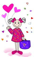 Niña alegre con globos de corazones