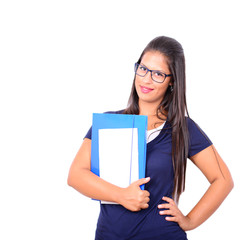 Portrait of smiling business woman with paper folder isolated on