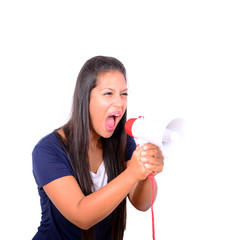 Portrait of young business woman shouting with a megaphone again