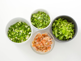 Chopped Celery, Spring onion,  parsley and dried salted prawn in