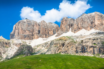 Panorama of Sella mountain range from Sella pass, Dolomites, Ita