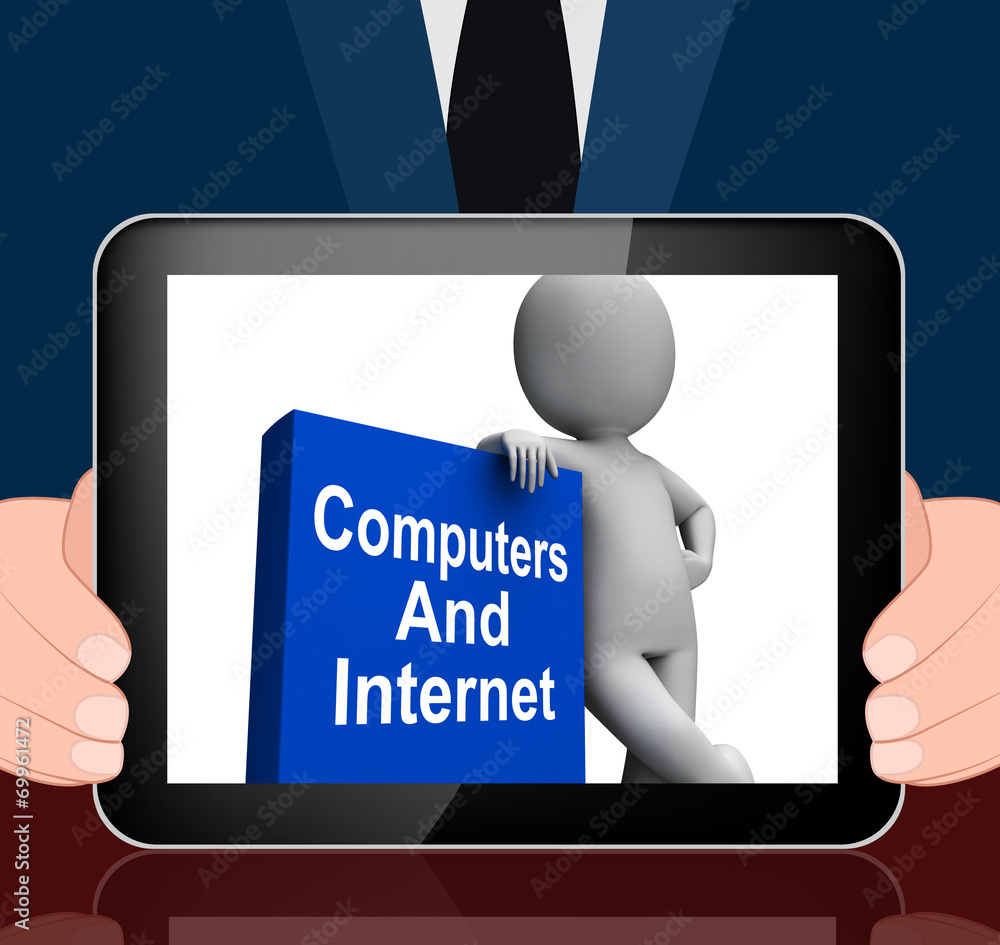 Poster computers and internet book with character displays web research