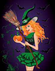 Sexy witch and pumpkin, halloween card. vector illustration
