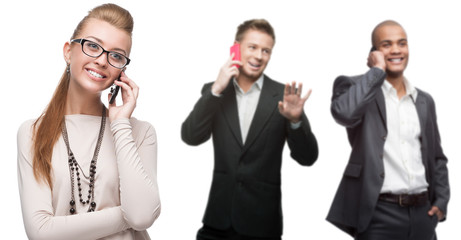happy smiling business people calling by mobile telephone
