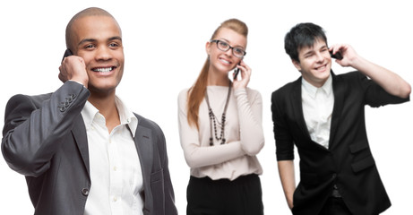 happy smiling business people calling by mobile telephone