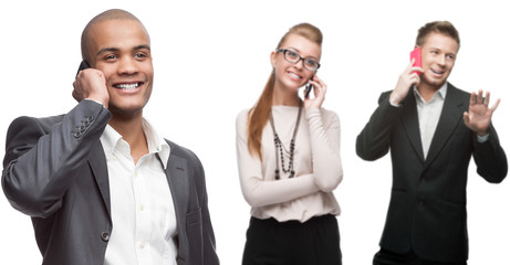 happy smiling business people calling by mobile telephone