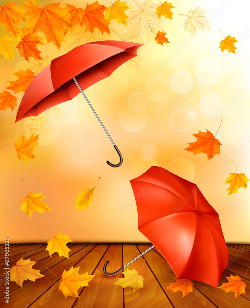 Poster autumn background with autumn leaves and orange umbrellas. vecto
