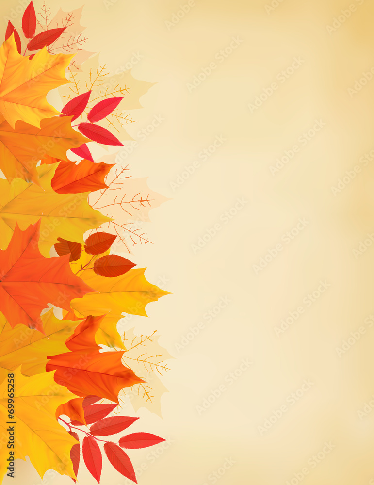 Poster retro autumn background with colorful leaves. vector illustratio