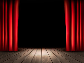 Theater stage with wooden floor and red curtains. Vector.