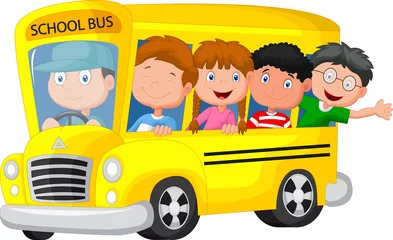 Fotobehang School Bus With Happy Children © tigatelu