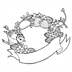 bird strawberry flower vine label drawing vector