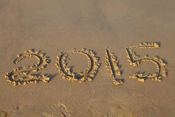 Year 2015 number written on sandy beach