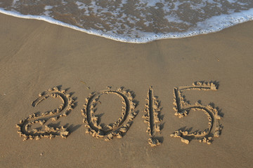 Year 2015 number written on sandy beach