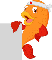 Fototapeta premium Cartoon fish chef holding blank sign