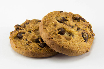 Chocolate chip cookies on white background