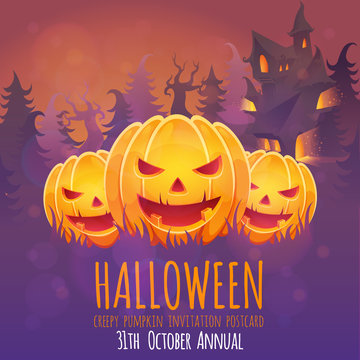 Creepy Halloween invitation card with pumpkins and house