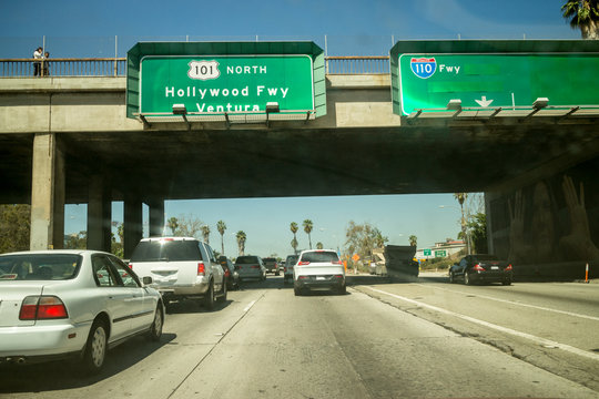 Car Traffic Hollywood 101 Freeway Los Angeles POV Perspective.