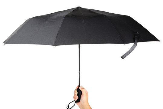 Modern black umbrella in handon white background.