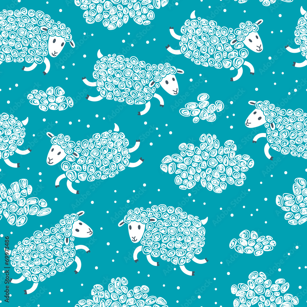 Poster seamless pattern with cute sheep and clouds.
