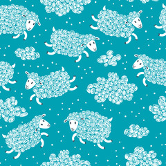 Seamless pattern with cute sheep and clouds.