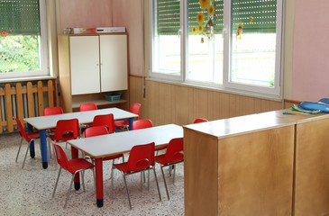 classroom table and small chairs in kindergarten