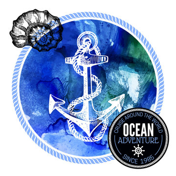 Travel watercolor background. Sea nautical design.