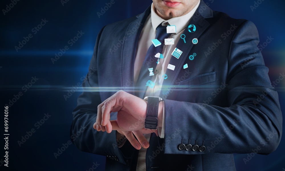 Poster composite image of businessman using hologram watch