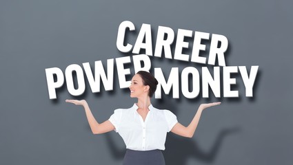 Composite image of smiling business person presenting