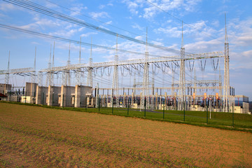 Fototapeta na wymiar Building on a high-voltage substation