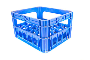blue plastic storage box crate on a white