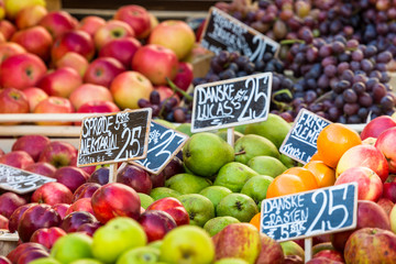 Green and red apples in local market in Copenhagen,Denmark.