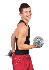 happy man lifting dumbbells
